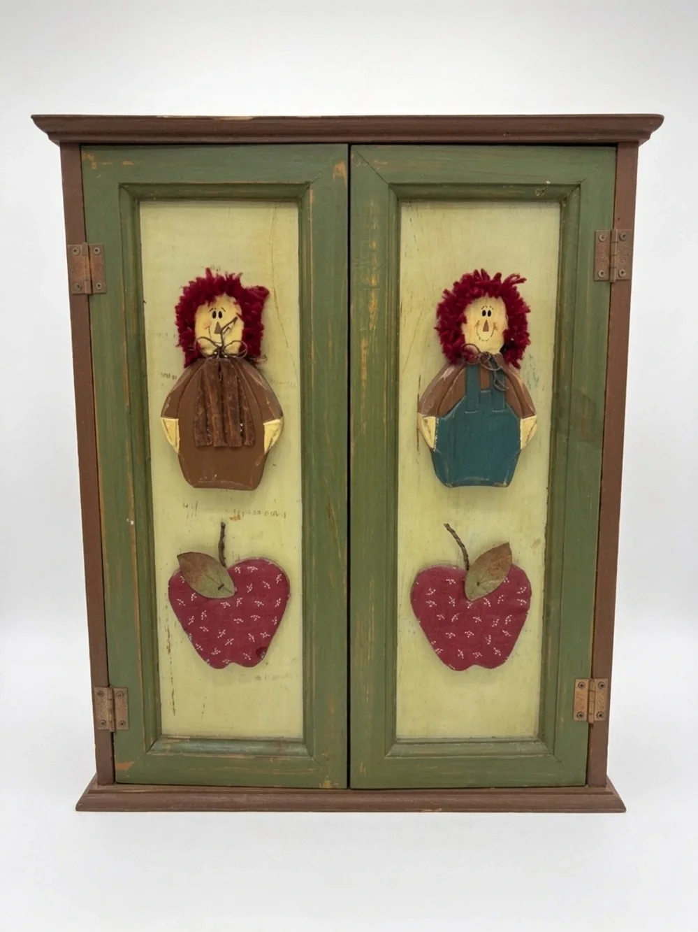 Rustic Country Decorative Wall Cabinet with Wooden and Fabric Applique Details